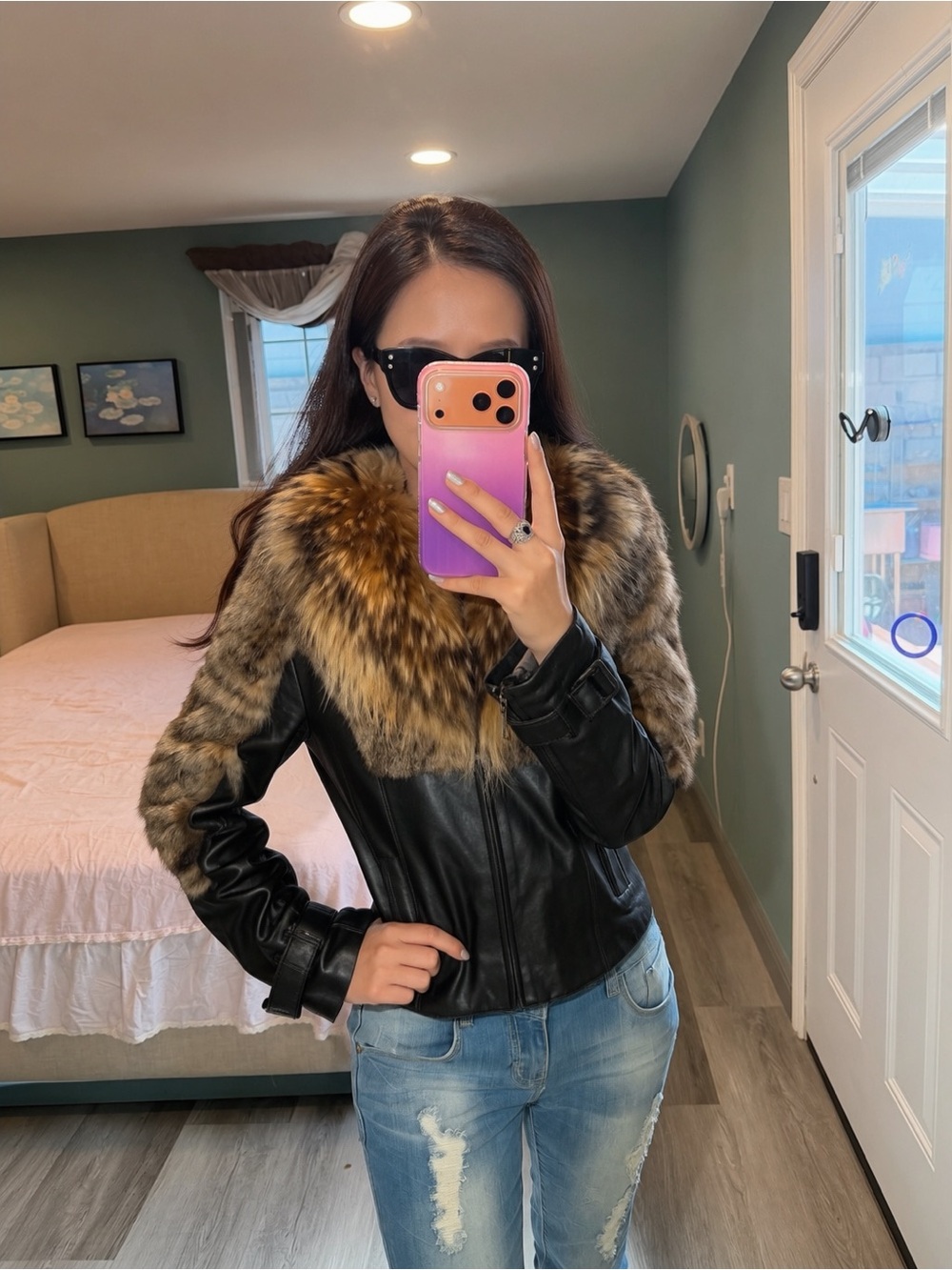 Y2K Cropped Fur Trim Fitted Leather Jacket XS/S Raccoon Rabbit Fur - Picture 7 of 8